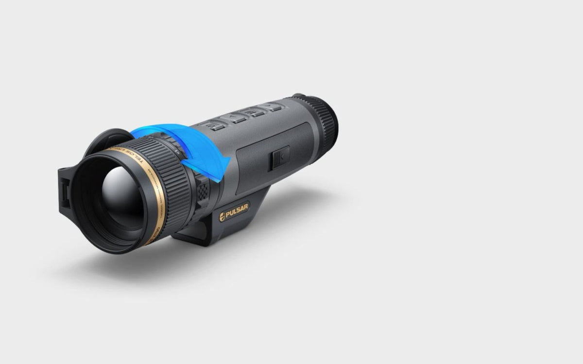 Objectif et bague de zoom du monoculaire thermique Pulsar Telos LRF XT50 permettant une détection précise du gibier et une observation thermique longue distance.